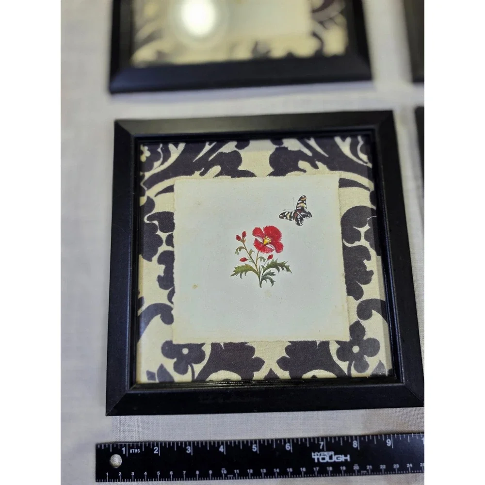 Home Interiors Set of 4 Framed Floral Butterfly Damask Wall Art Black Red 8.5in